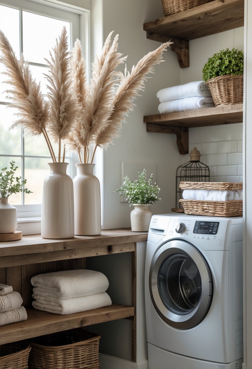 A farmhouse laundry room with tall vases of pampas grass on a wooden shelf next to a washer and dryer.