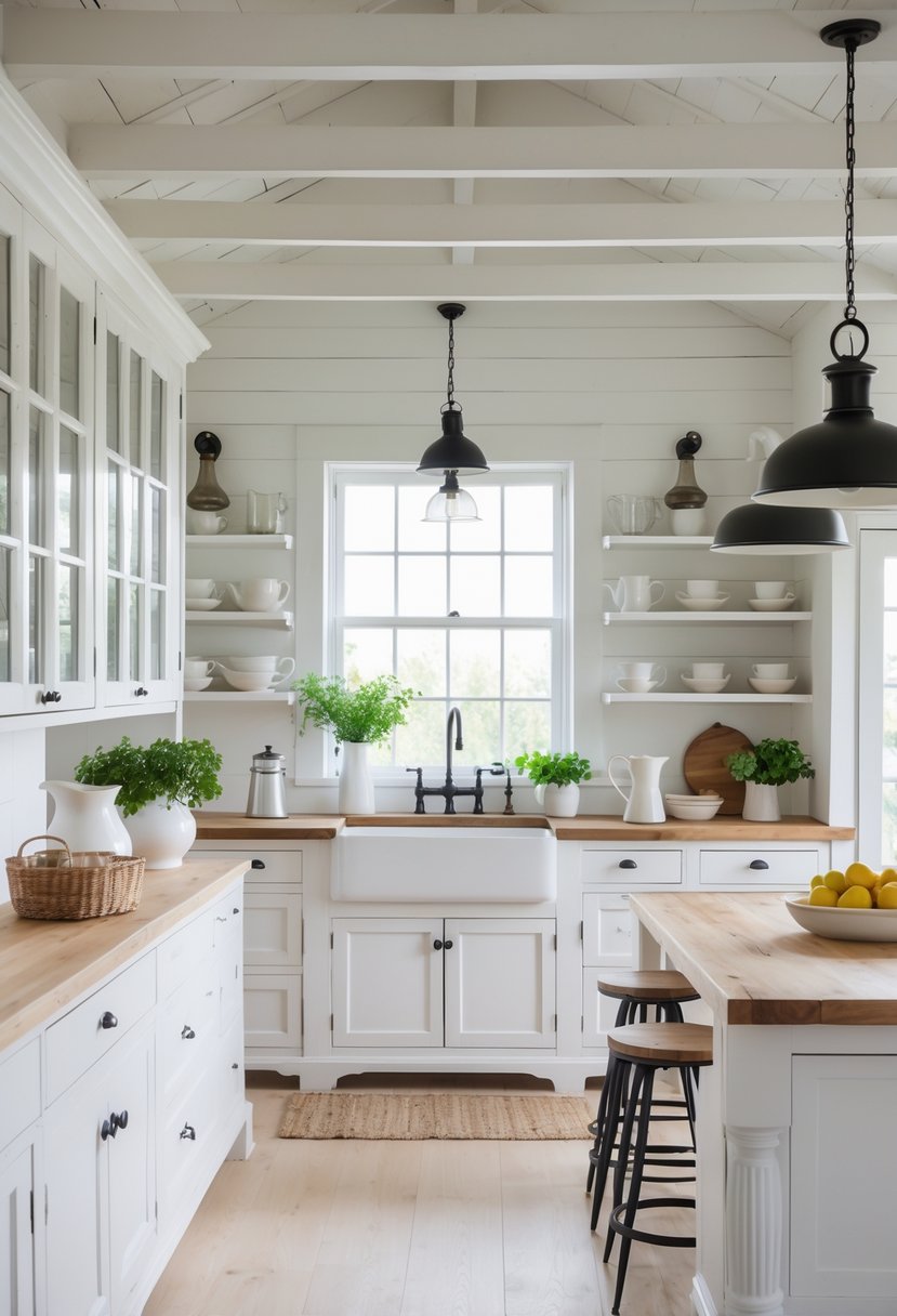 A bright white farmhouse kitchen with wooden countertops, open shelves, a farmhouse sink, and pendant lights over a central island.