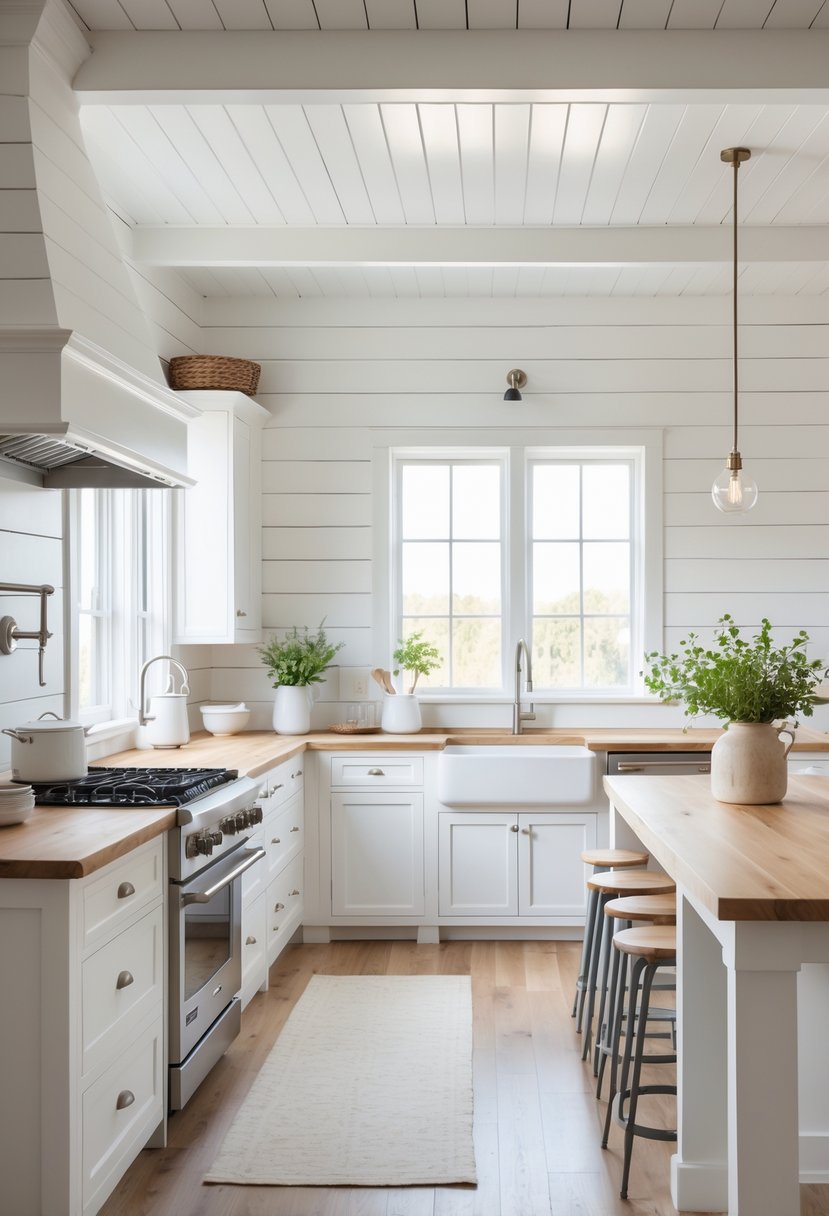 Bright white kitchen with shiplap walls, wooden countertops, and a farmhouse sink illuminated by natural light.