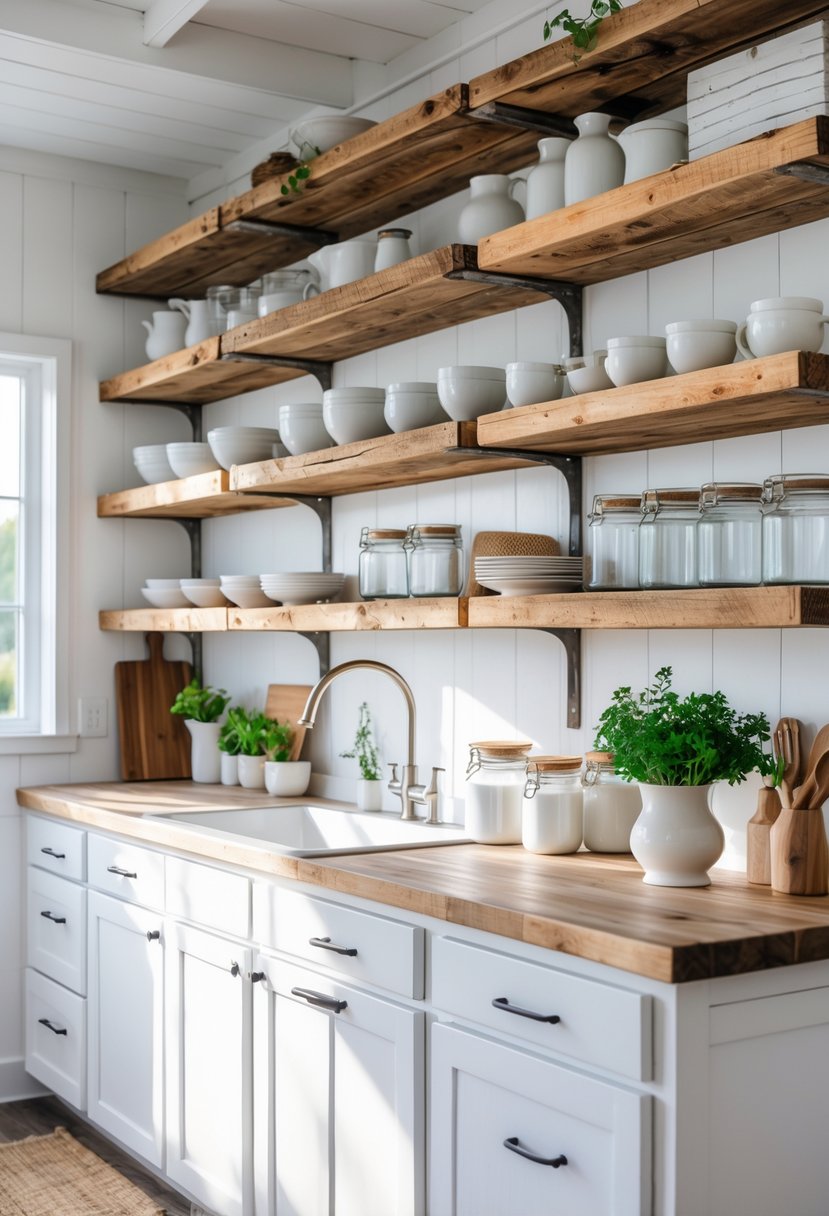 A bright kitchen with white cabinets and open wooden shelves displaying dishes and plants.