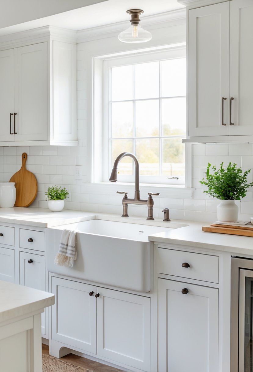 A white farmhouse kitchen with a large white apron sink under a window, surrounded by white cabinets and countertop.