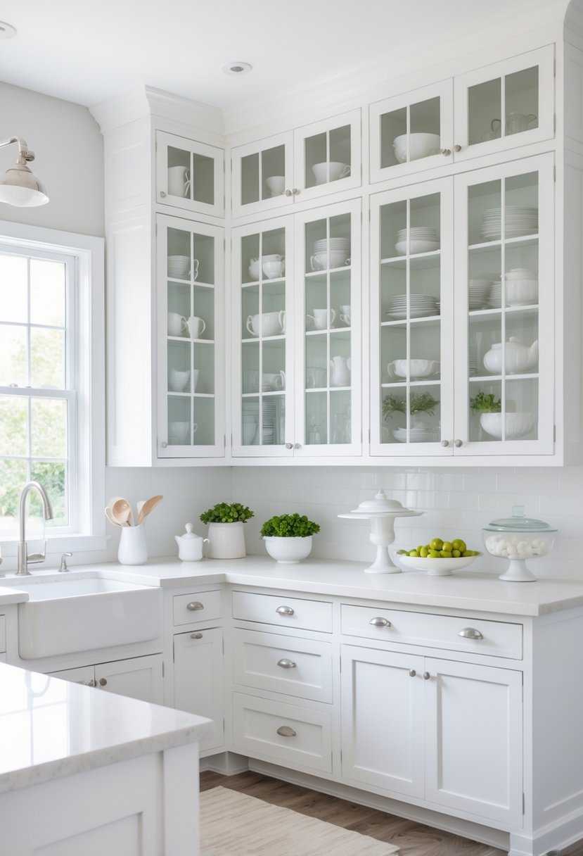 A bright kitchen with white glass-front cabinets displaying dishes and a white countertop.