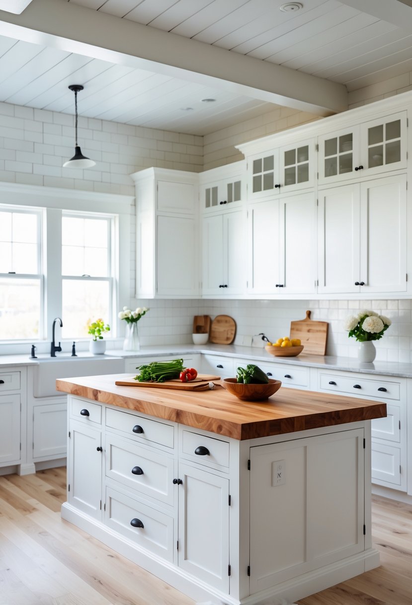 A white farmhouse kitchen with a large wooden butcher block island in the center, surrounded by white cabinets and bright natural light.