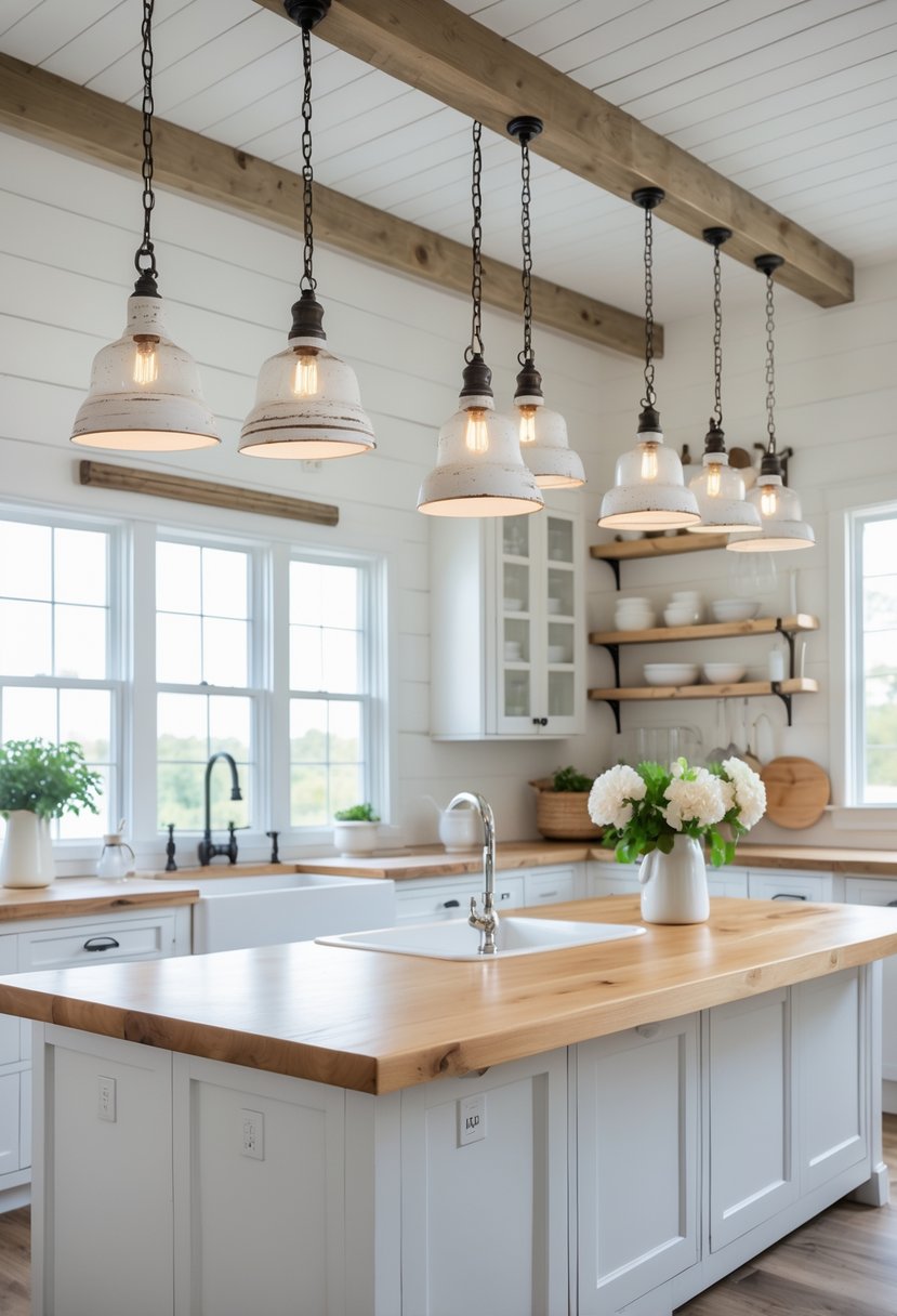 A bright kitchen with white cabinets and eleven white pendant lights hanging over a large island.