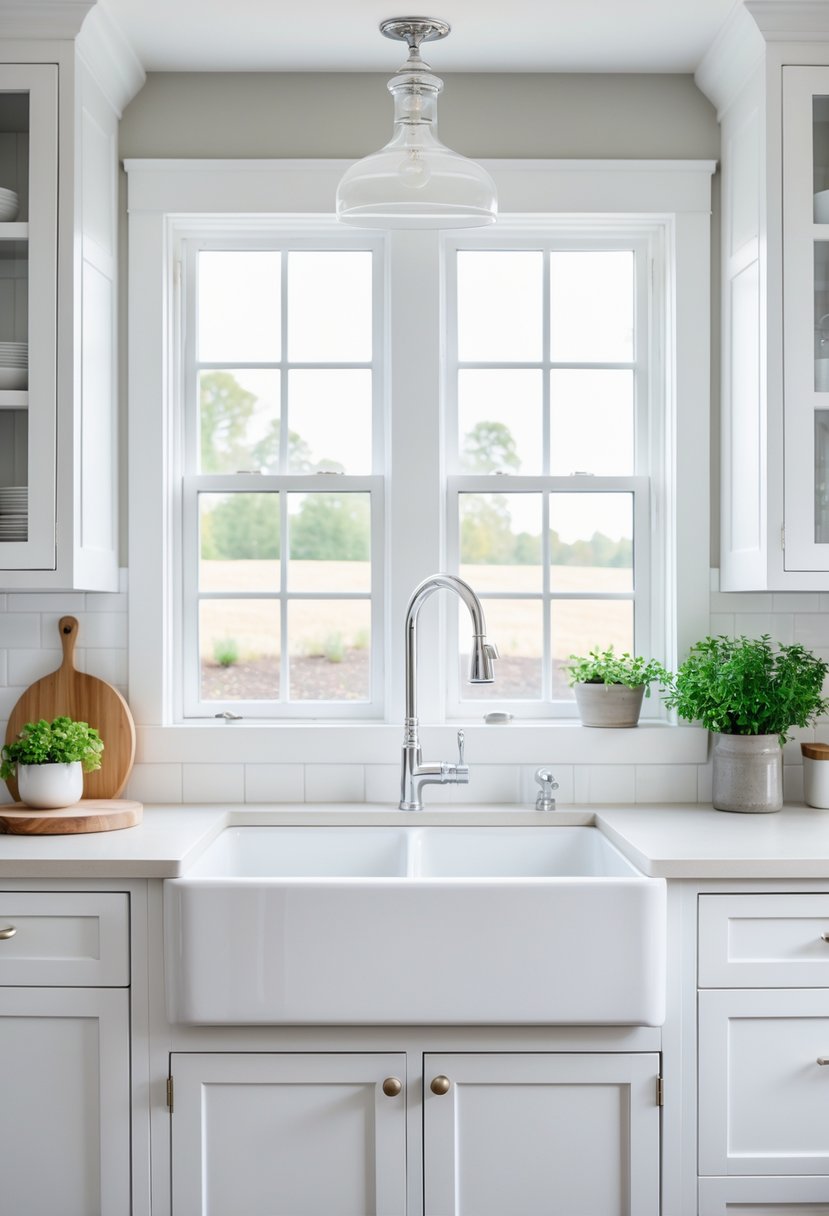 A bright white farmhouse kitchen with a white fireclay farmhouse sink under a window and white cabinets.
