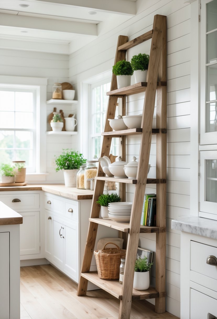 A rustic ladder-style shelving unit in a white kitchen holding bowls, jars, plants, and books.