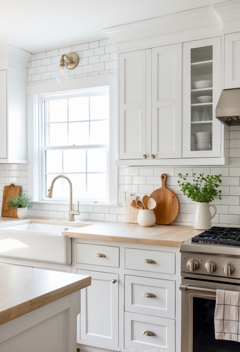 A bright kitchen with white subway tile backsplash and white cabinets, featuring a clean countertop and kitchen accessories.