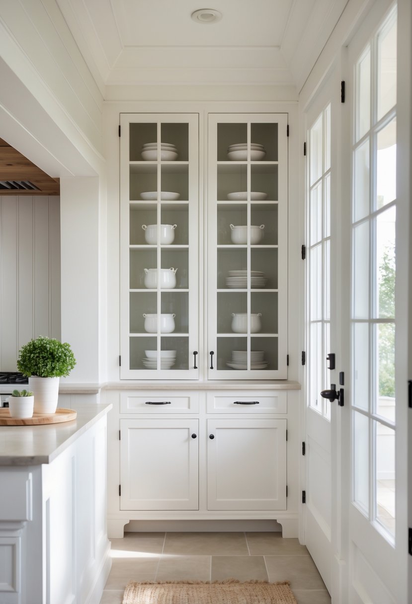 A butler’s pantry with glass doors inside a white farmhouse kitchen, showing organized shelves and a bright countertop.