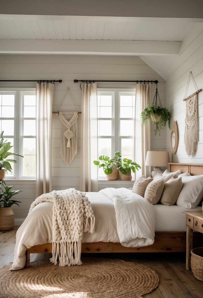 A bright bedroom with a wooden bed, white and beige bedding, natural light from large windows, wooden floors, and plants.