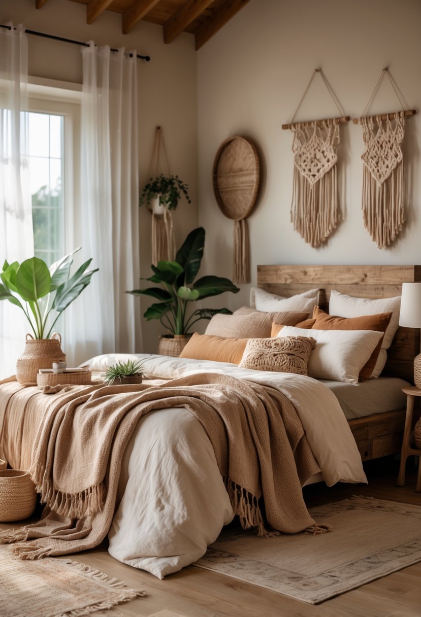A cozy bedroom with a wooden bed, layered linens, plants, and soft natural lighting.