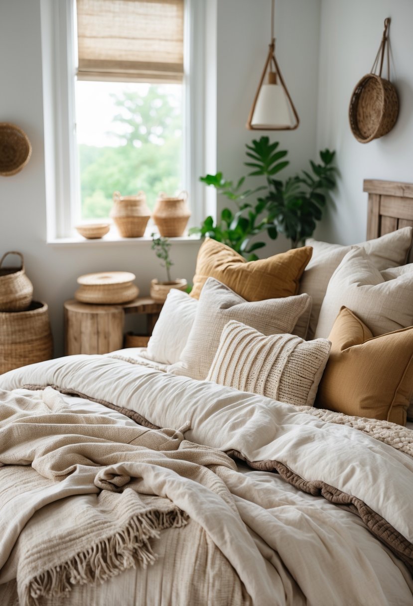 A cozy bedroom with a bed covered in layered textured fabrics and bedding, surrounded by wooden furniture and soft natural light.