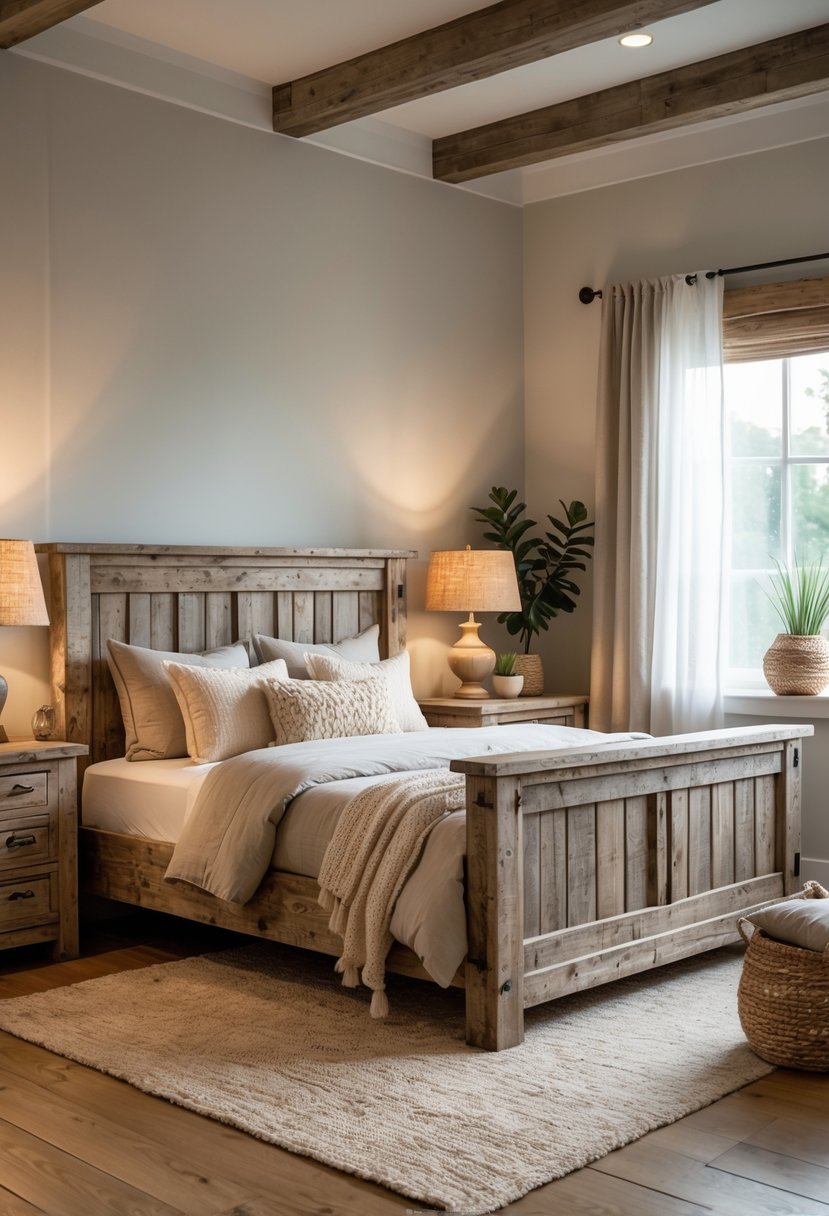 A cozy bedroom with wooden furniture, a bed, nightstands, lamps, plants, and soft natural lighting.