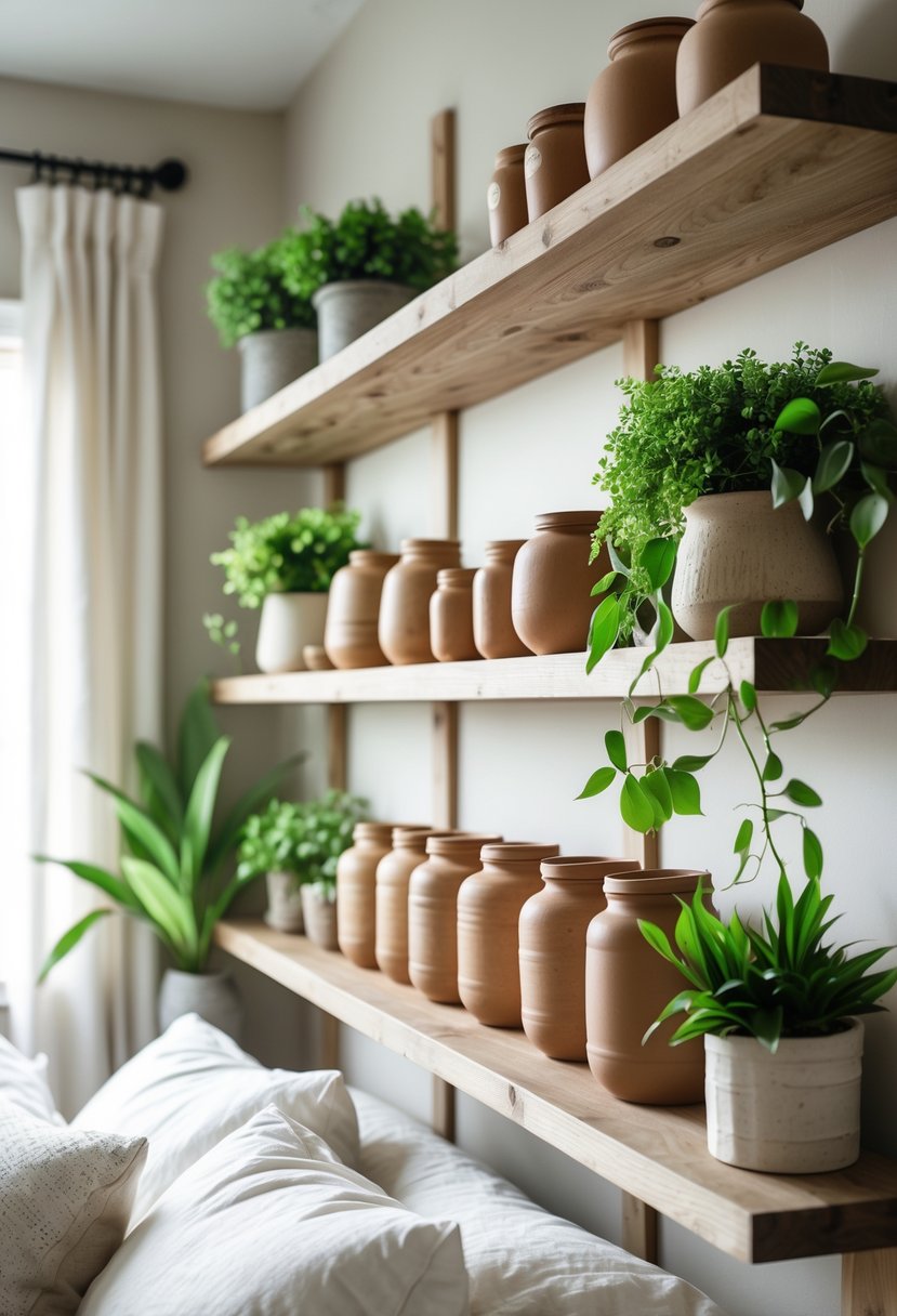 Wall-mounted wooden shelves with clay jars and green plants in a bedroom.