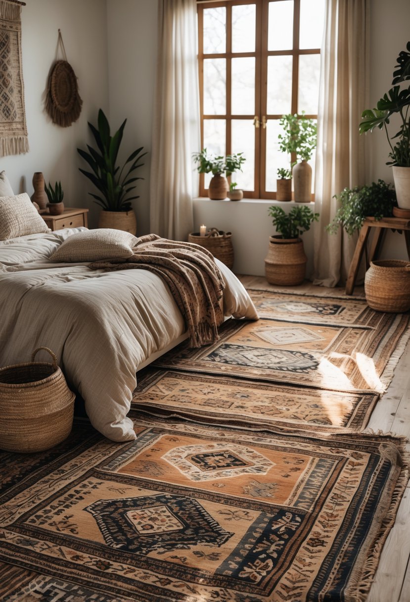 A cozy bedroom with a bed, layered patterned rugs on the floor, wooden furniture, and natural light coming through windows.