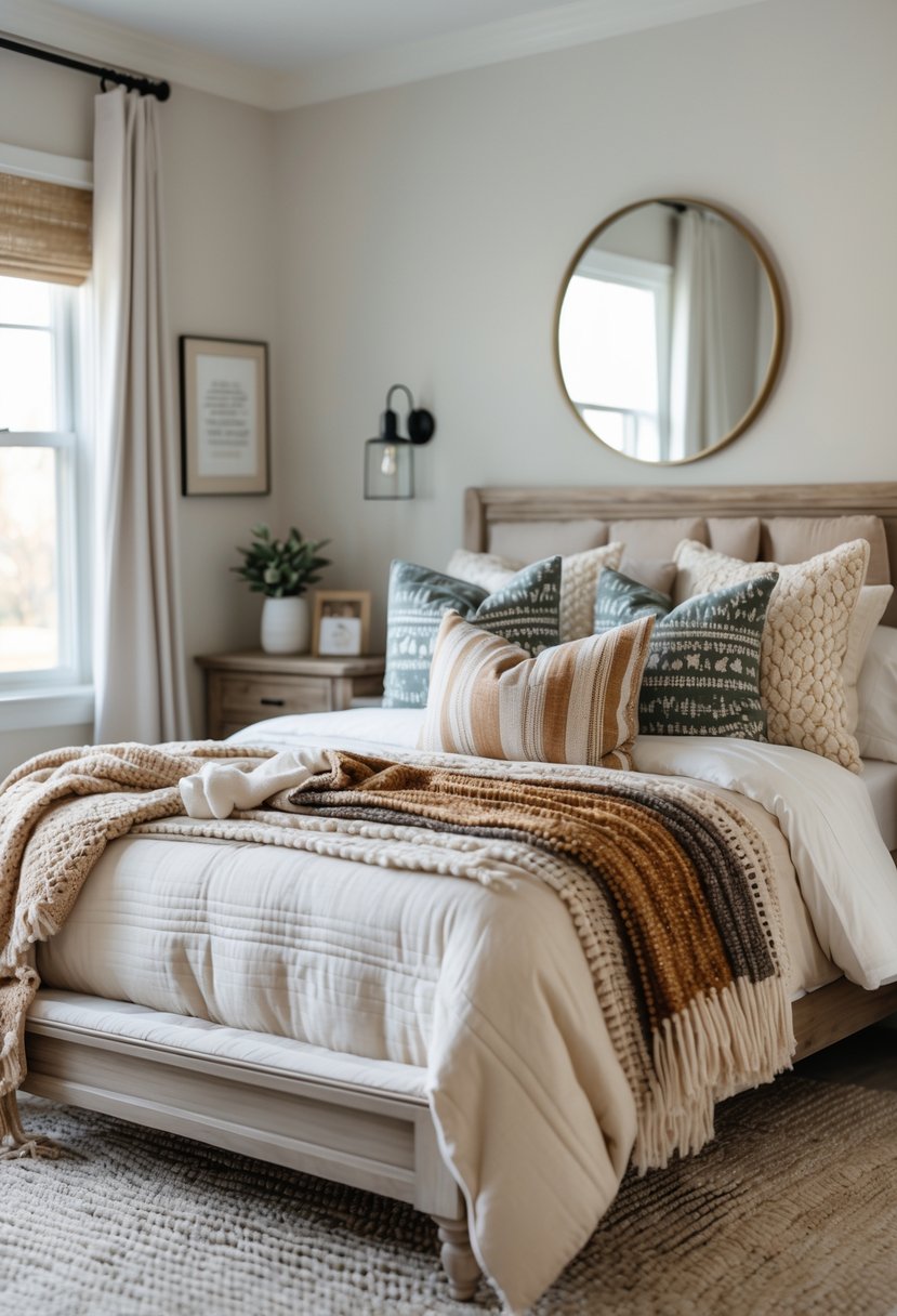 A cozy bedroom with a bed covered in patterned throw pillows and layered blankets, wooden furniture, and soft natural lighting.