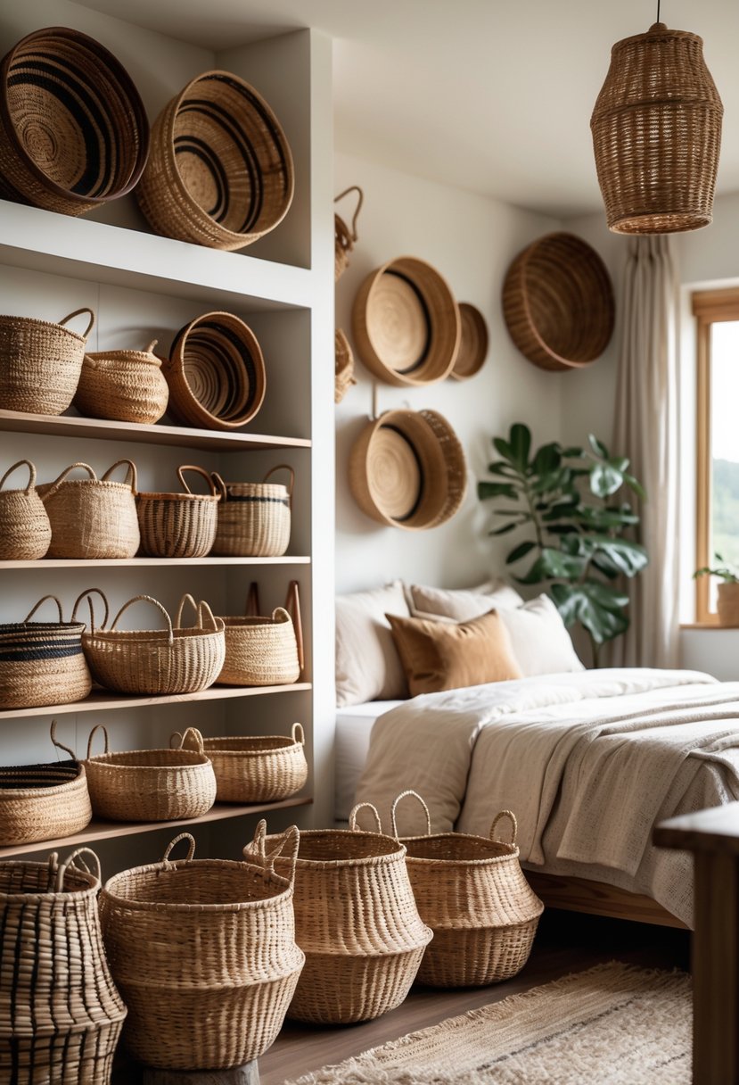 A bedroom with multiple woven baskets arranged around the room for storage and decoration.