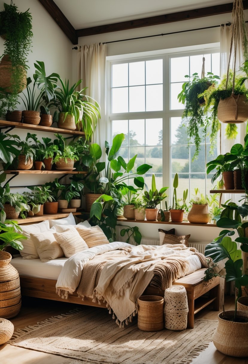 A cozy bedroom with a bed, wooden furniture, and several green indoor plants placed around the room.