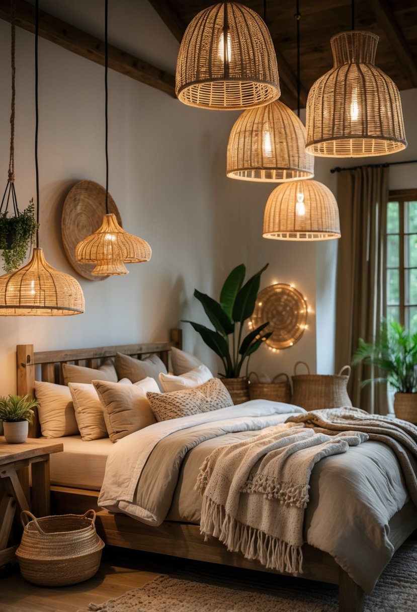 A cozy bedroom with a bed, wooden furniture, potted plants, and soft lighting from rattan lampshades.