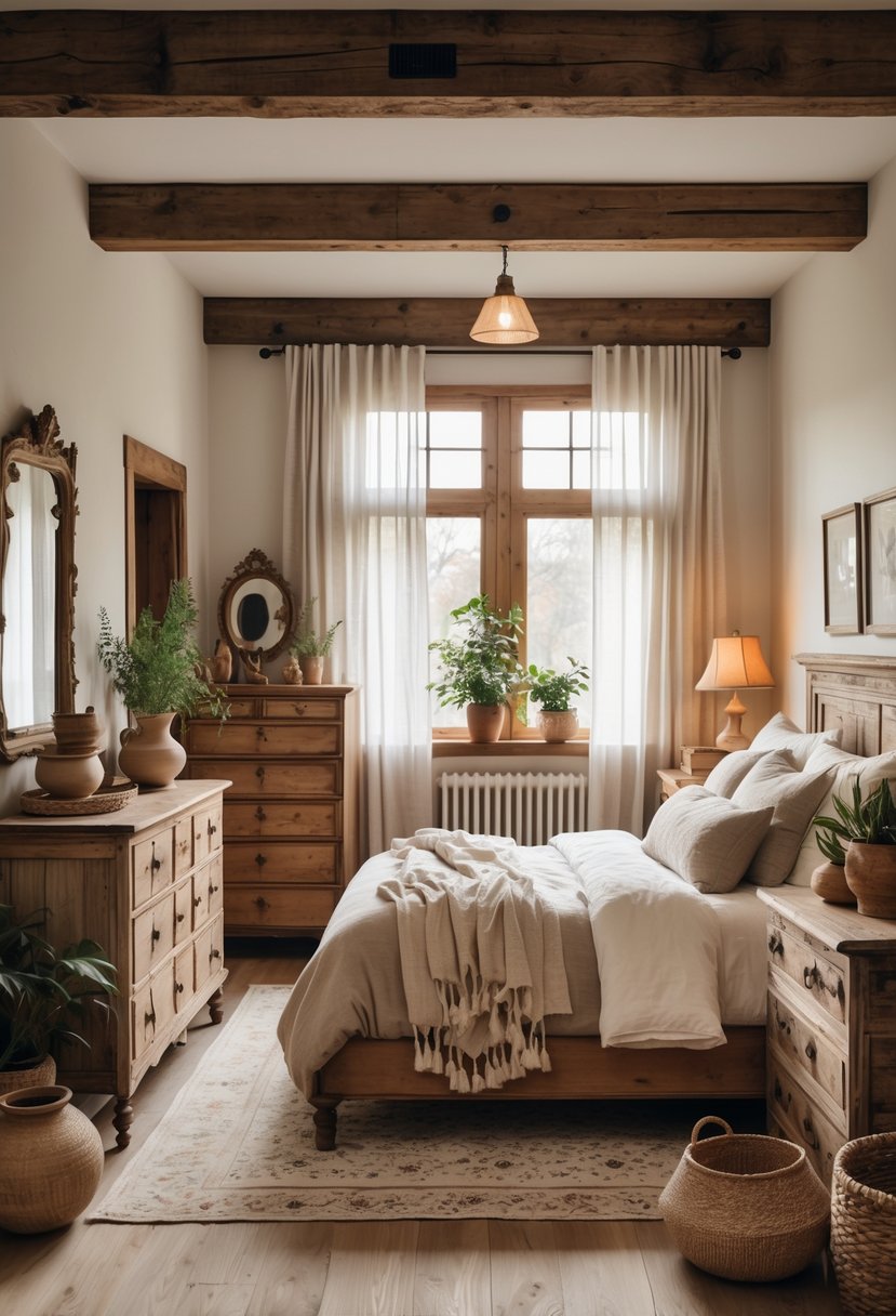 A cozy bedroom filled with various antique wooden furniture pieces including a bed, dressers, and nightstands, decorated with soft textiles, plants, and warm lighting.