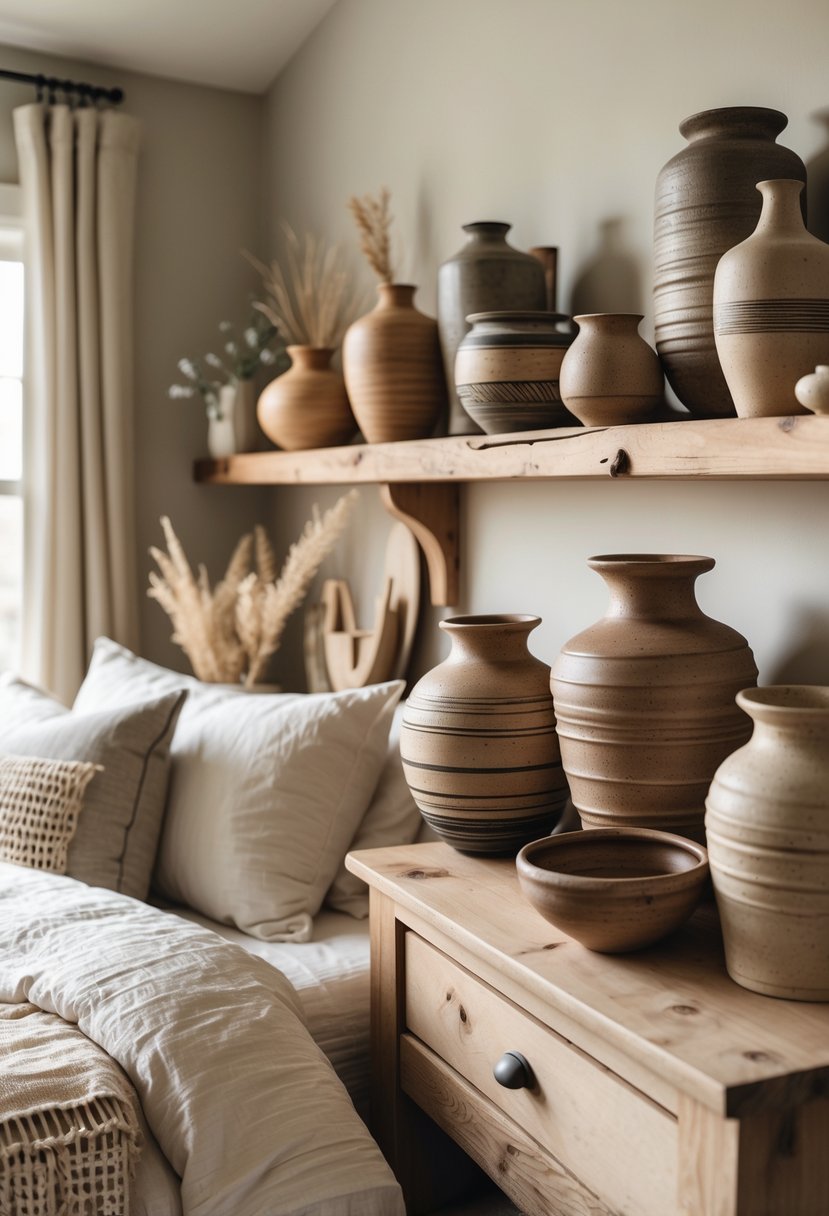 A farmhouse bedroom with handmade pottery and ceramics displayed on wooden shelves and a dresser.