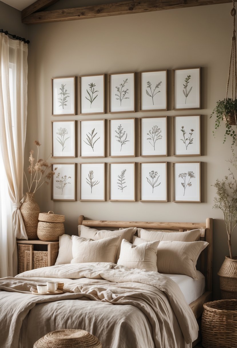 A cozy bedroom with 15 framed botanical sketches on the wall, wooden furniture, and soft natural light.