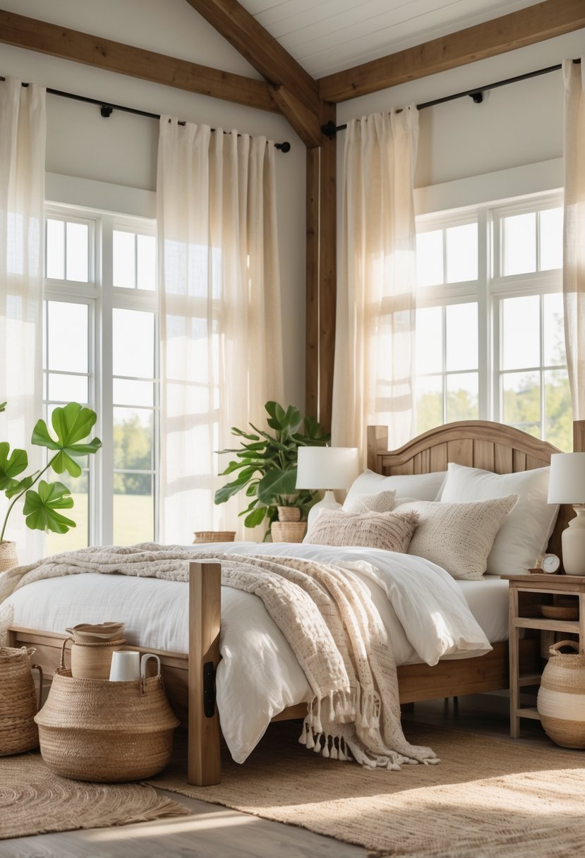 A bedroom with natural fiber curtains letting in soft sunlight, a wooden bed with white bedding, plants, and rustic decor.