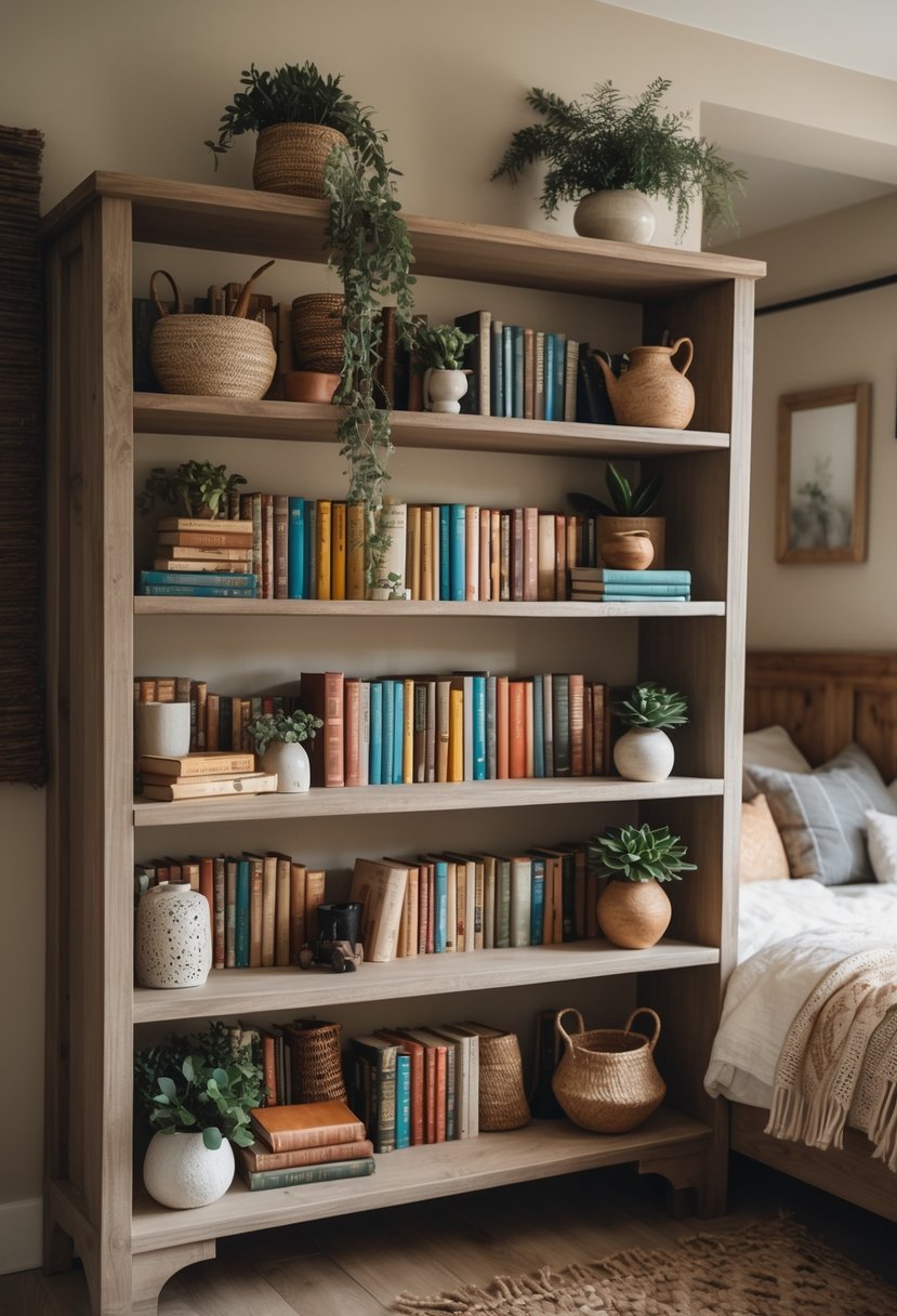 Open shelving filled with various books and decorative items in a cozy bedroom.