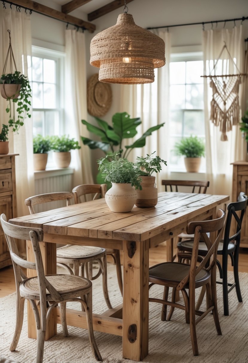 A cozy dining area with a wooden table and chairs, decorated with plants and textiles, lit by natural light.