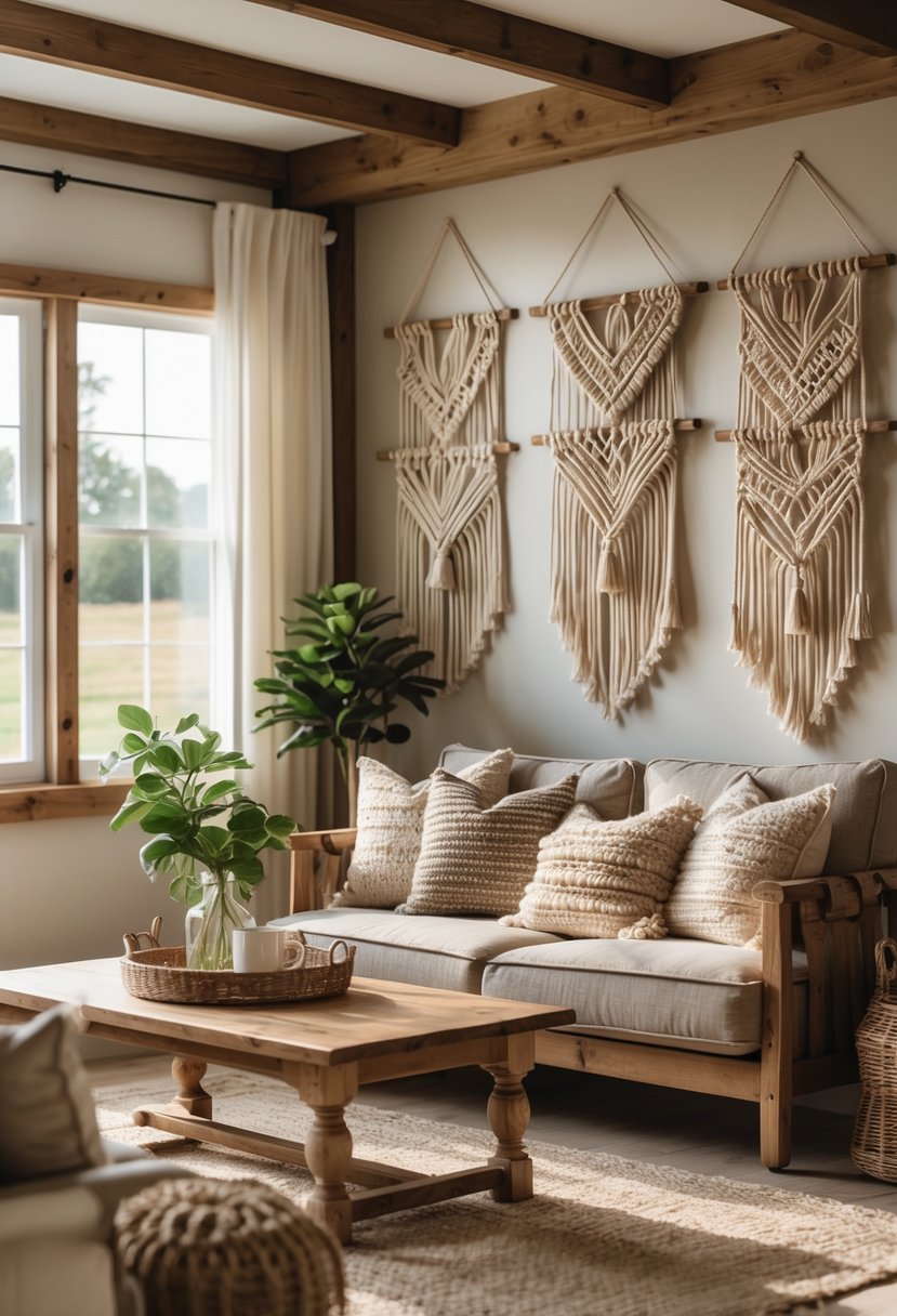 A cozy living room with wooden furniture and decorative wall hangings made from woven fibers.
