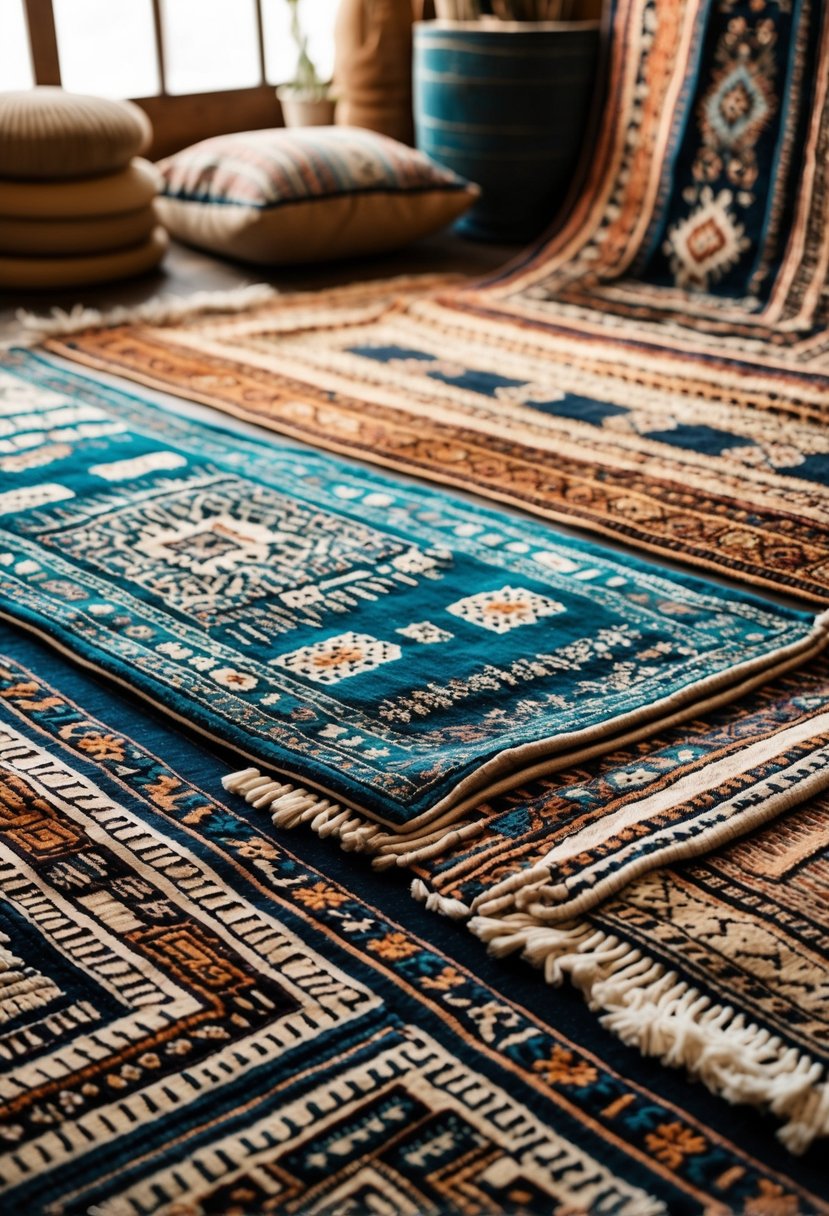 A cozy floor space with several layered patterned rugs arranged on the floor.