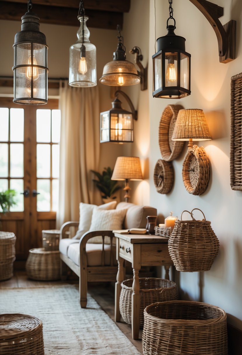 Cozy interior room with a variety of hanging lights and wicker decorations creating a warm and inviting atmosphere.