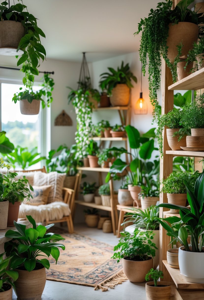 A bright interior space with multiple potted plants and hanging planters creating a green and inviting atmosphere.