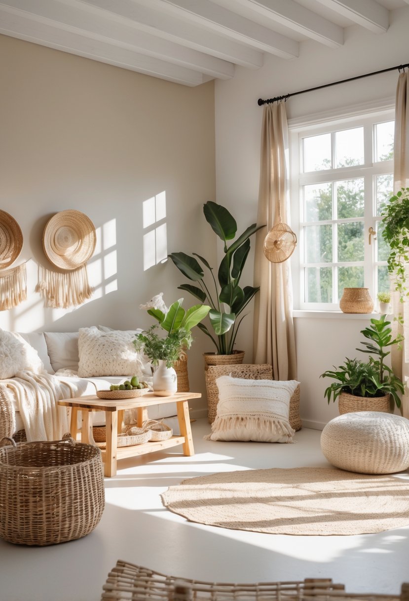 Bright and airy interior with neutral colors, wooden furniture, plants, and soft textiles in a cozy room.