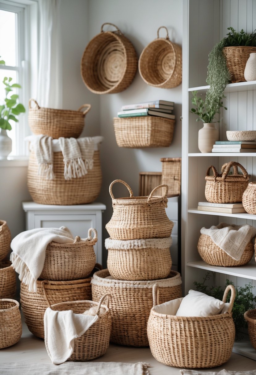 A collection of woven baskets of different sizes used for storage and decoration in a bright room with wooden furniture and plants.