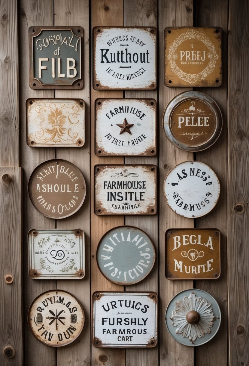 A collection of twelve antique farmhouse metal wall art pieces displayed on a rustic wooden wall.