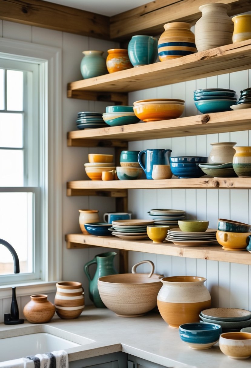 Open wooden shelves filled with various colorful dishes and pottery in a kitchen setting.