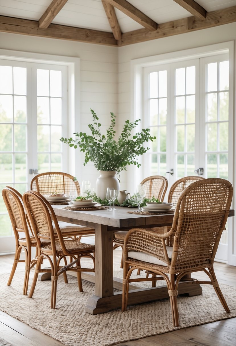 A dining room with a wooden table surrounded by a mix of woven rattan and wooden chairs, lit by natural light from large windows.