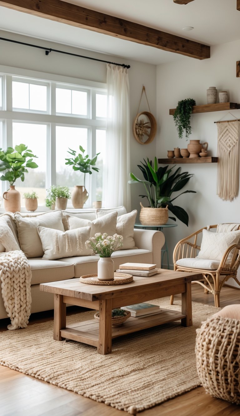 A cozy living room with a sofa, coffee table, indoor plants, and natural light coming through large windows.