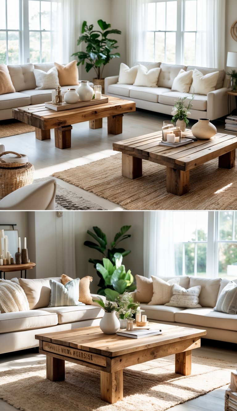 A cozy living room with several wooden coffee tables, comfortable seating, plants, and natural light.