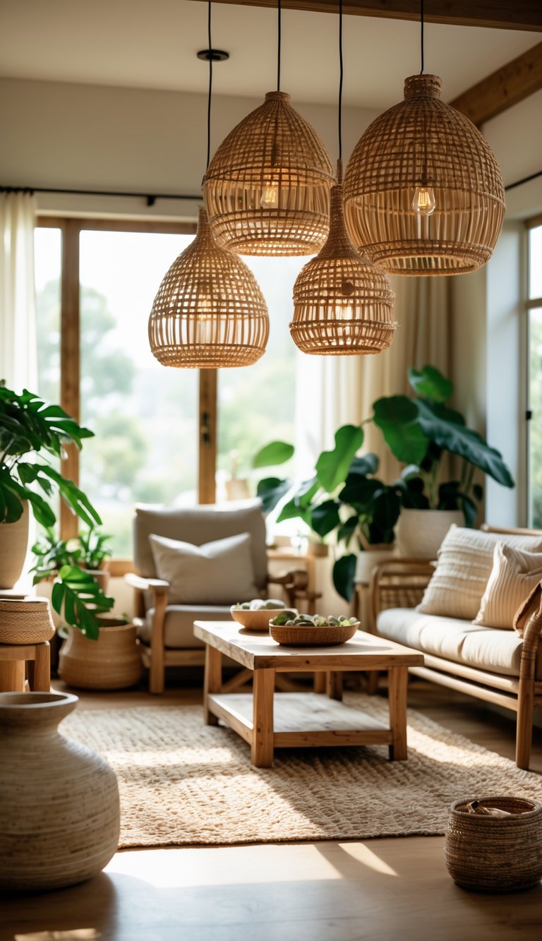 A living room with woven rattan pendant lights, a sofa, wooden coffee table, and indoor plants.