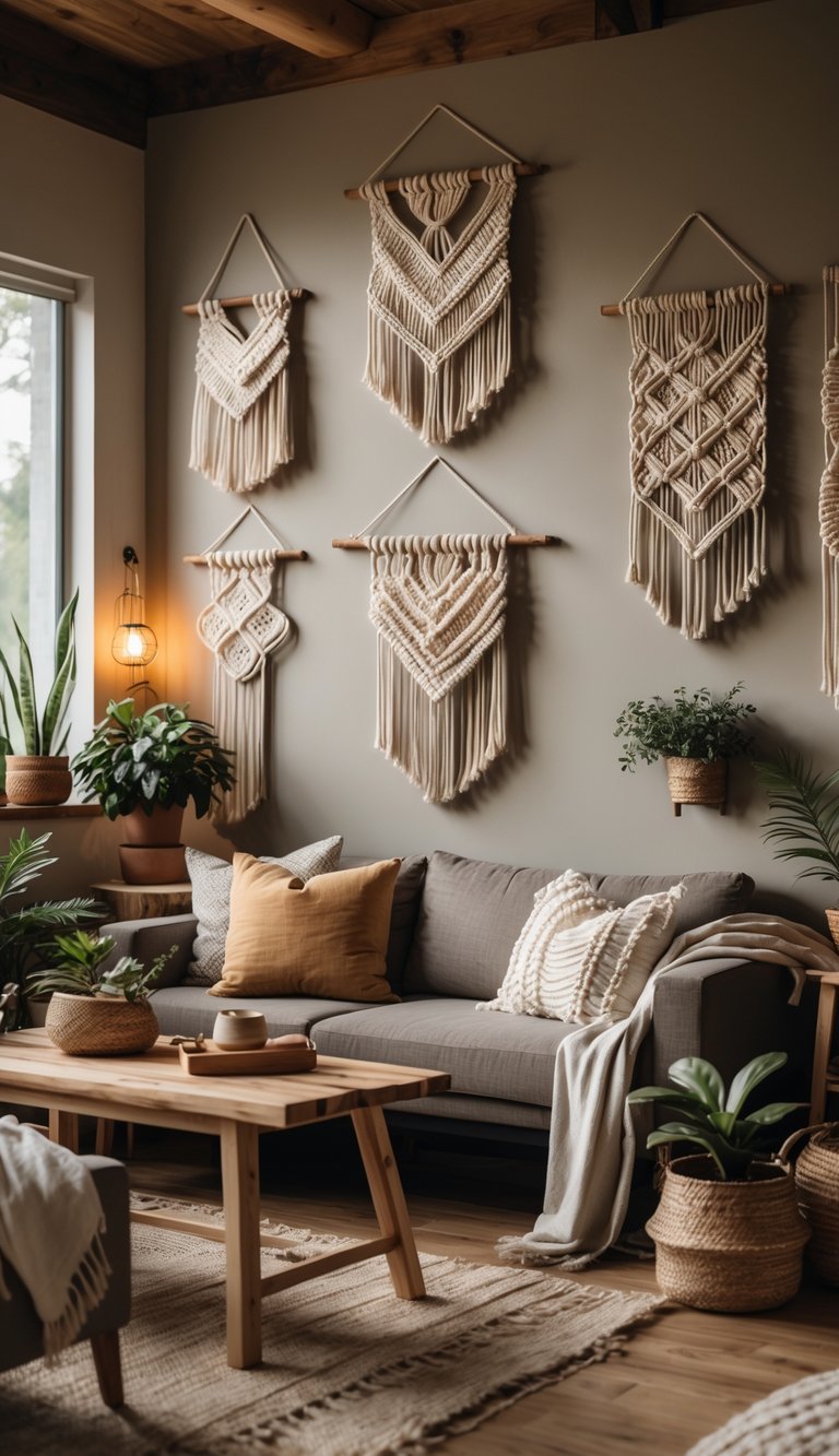 A cozy living room with several macrame wall hangings on the wall, comfortable seating, wooden furniture, and decorative plants.
