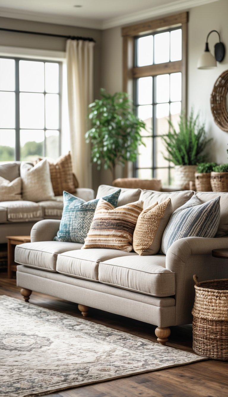 A living room with a sofa covered in patterned throw pillows, wooden furniture, plants, and natural light coming through windows.