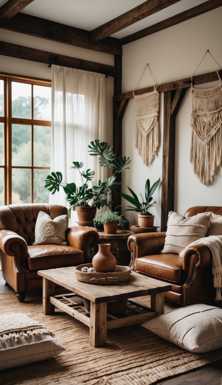 A living room with antique leather armchairs, a wooden coffee table, plants, and soft natural light coming through large windows.