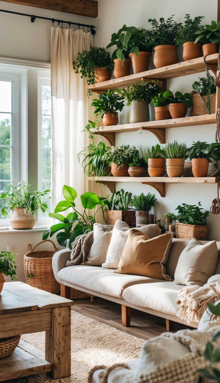 Living room with open wooden shelves filled with potted plants, comfortable seating, and natural light.
