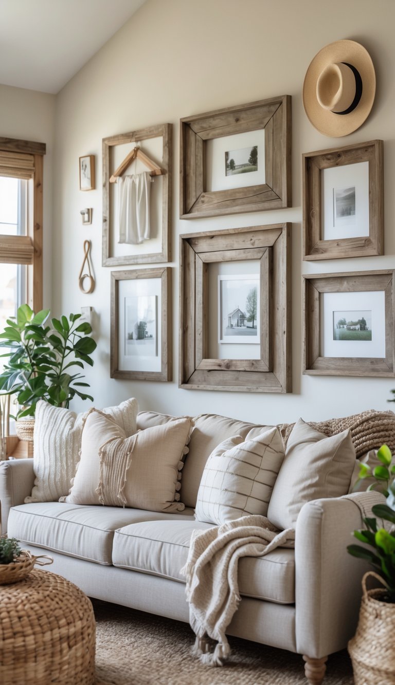 Living room with distressed wooden frames on the wall, comfortable seating, plants, and warm lighting.