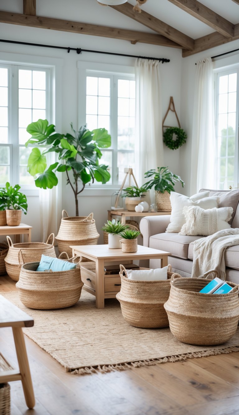 A living room with natural fiber baskets used for storage, a sofa, wooden furniture, indoor plants, and soft natural light.