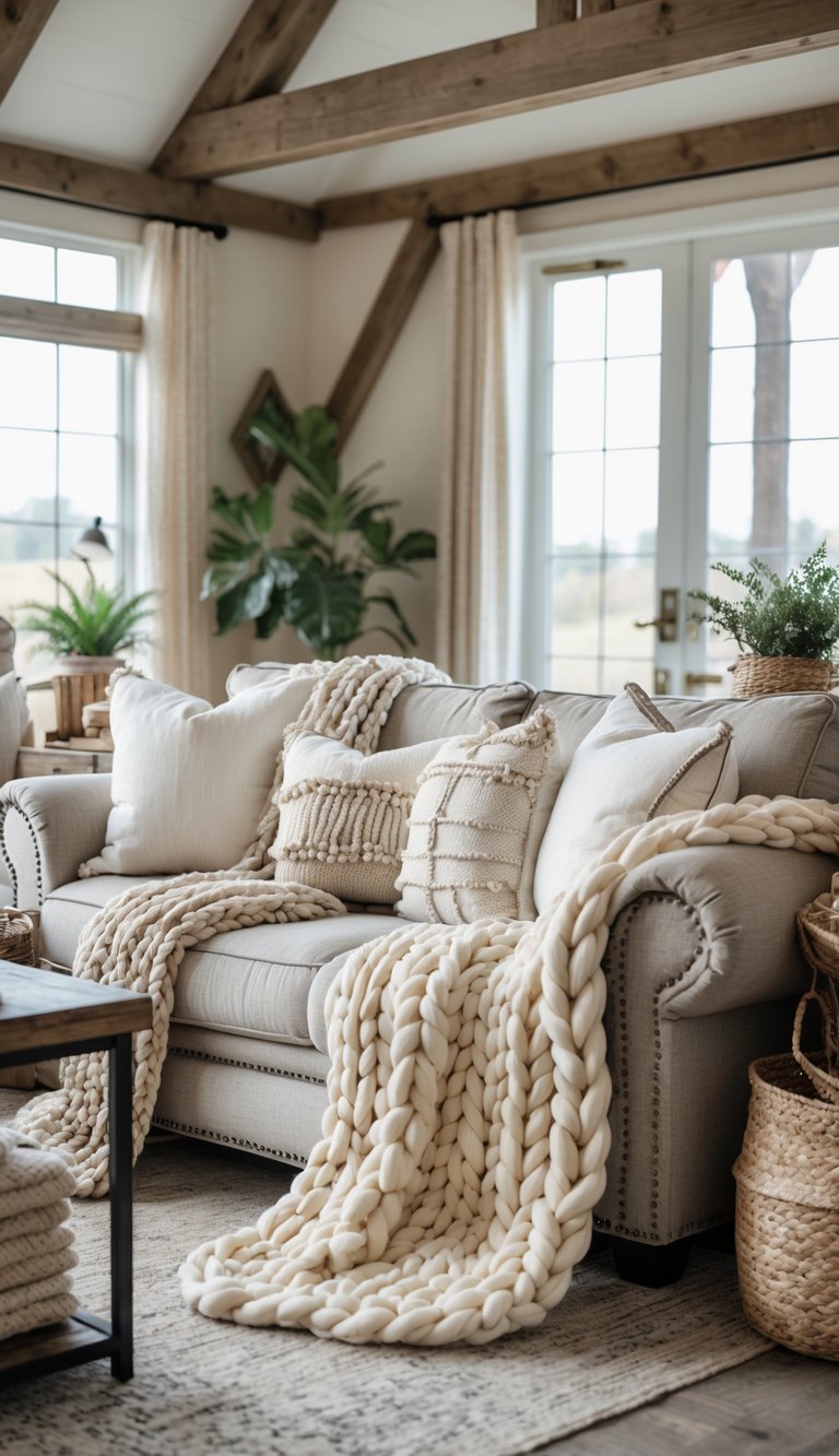 A cozy living room with chunky knit blankets on a sofa and armchairs, wooden furniture, plants, and soft natural lighting.