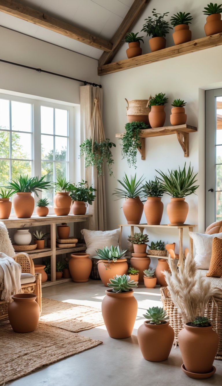 A cozy living room with wooden furniture and various terracotta and ceramic pots holding green plants, arranged around the space with natural light coming through windows.
