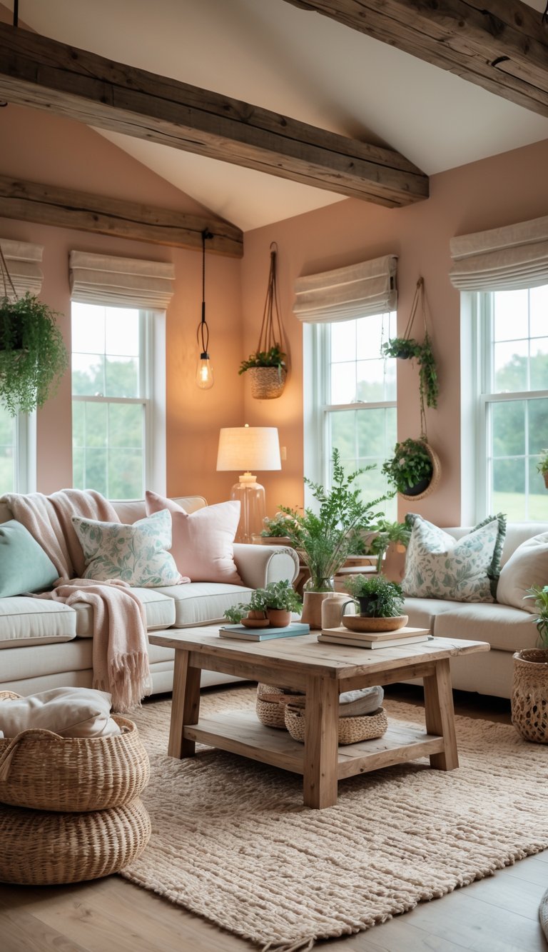A cozy living room with a sofa, wooden coffee table, plants, and large windows letting in natural light.