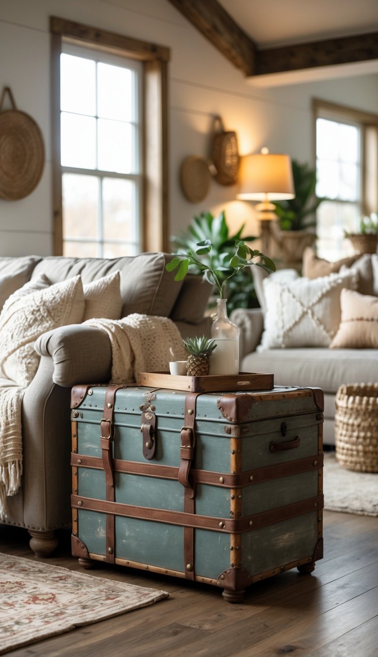 A living room with a vintage trunk used as a side table next to a sofa, surrounded by plants and cozy furnishings.